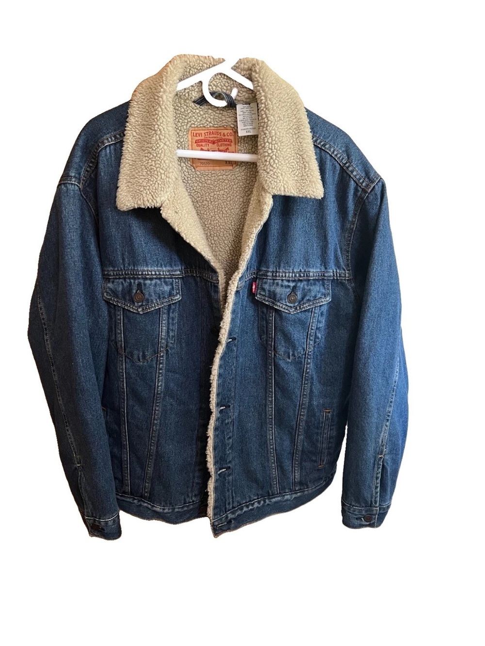 Levi’s 70520 XXL Denim Sherpa Trucker Jacket Blue Tan Lining 28x30 Excellent